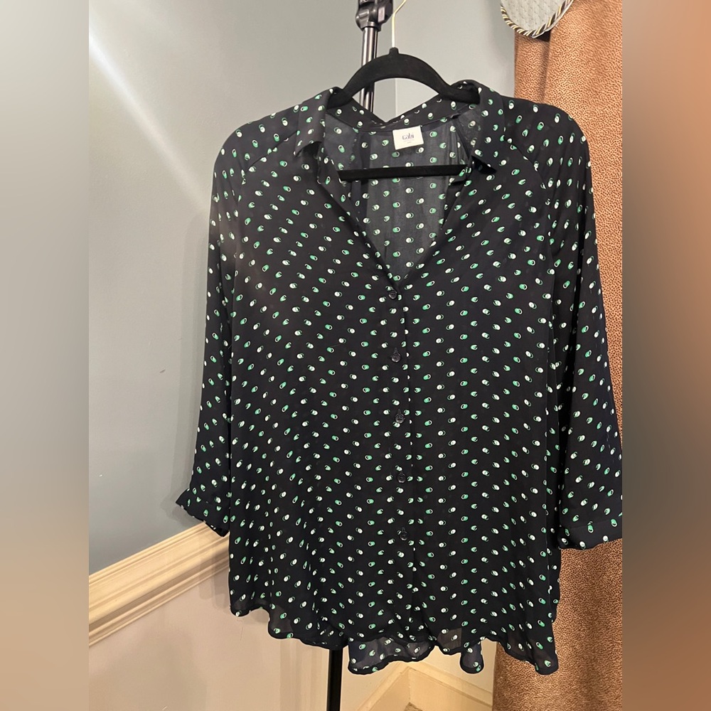CAbi Black Blouse with Green Dots‎ woman’s button up long sleeve small